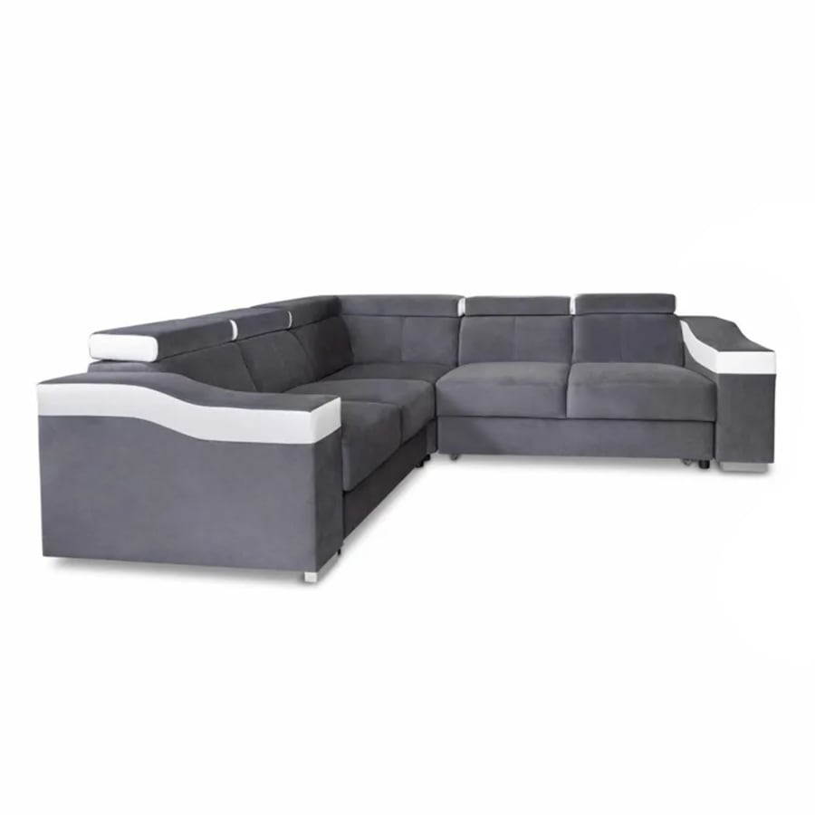 Canap&eacute; d&rsquo;angle convertible r&eacute;versible en velours gris et simili cuir blanc